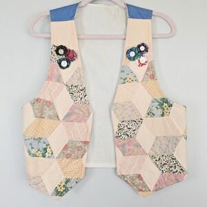 Vintage Handmade Patchwork Quilted Vest Open Button Decorations Flowers S/M.C101